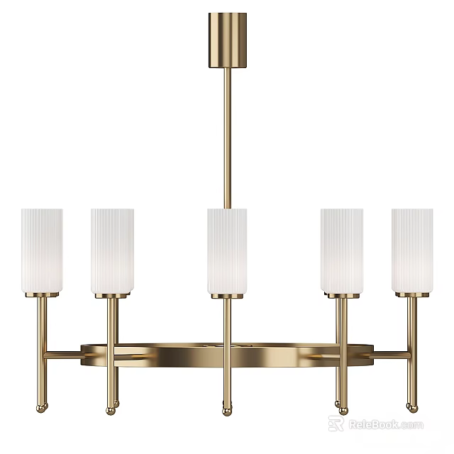 Modern Golden Metal Frame Chandelier with Five White Cylindrical Ribbed Shades 3d model 