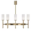 Modern Golden Metal Frame Chandelier with Five White Cylindrical Ribbed Shades