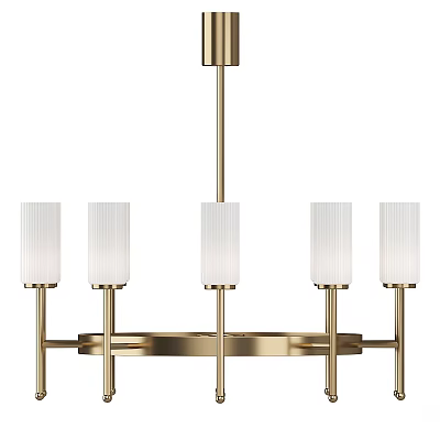 Modern Golden Metal Frame Chandelier with Five White Cylindrical Ribbed Shades 3d model