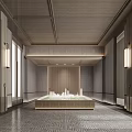 Modern Sales Office With Wooden Lattice Wall Circular Moon Decoration And Marble Reception Desk