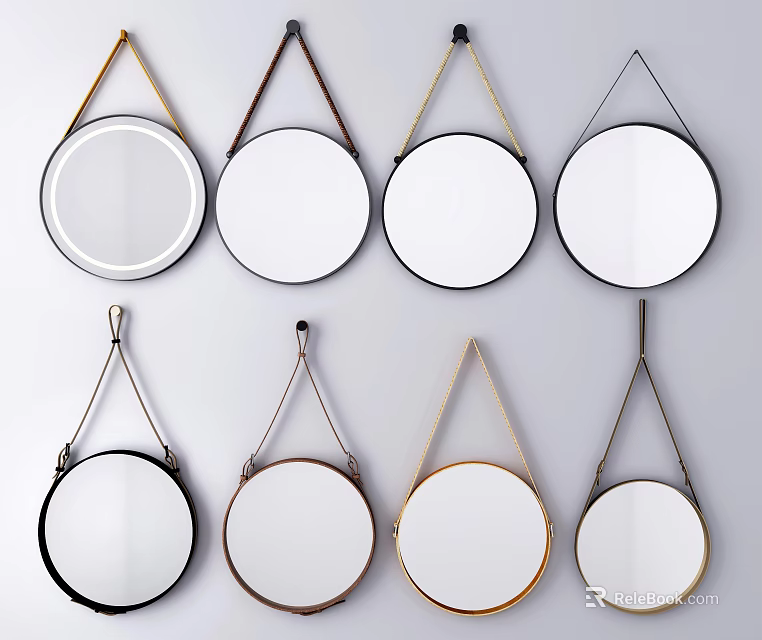 Round Decorative Mirrors With Various Colored Frames And Hanging Ropes On Wall 3d model 