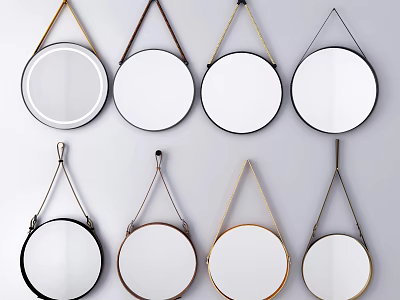 Round Decorative Mirrors With Various Colored Frames And Hanging Ropes On Wall 3d model