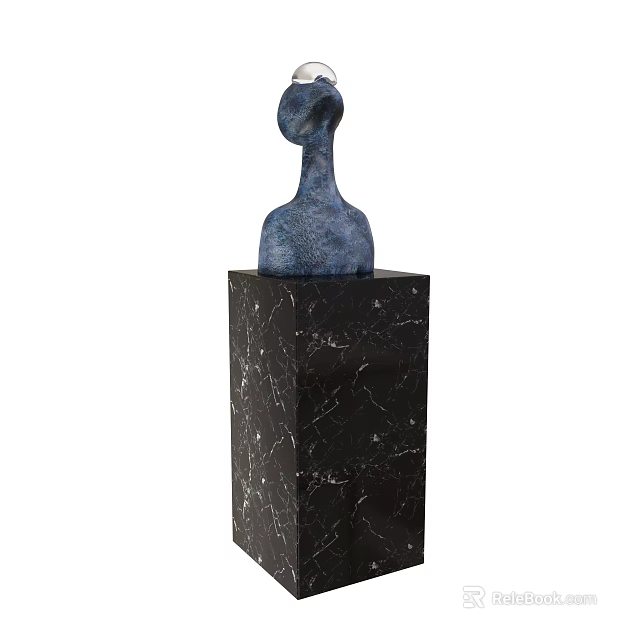 Decorative Ornament Set Featuring Blue Sculptural Piece On Black Marble Pedestal 3d model 