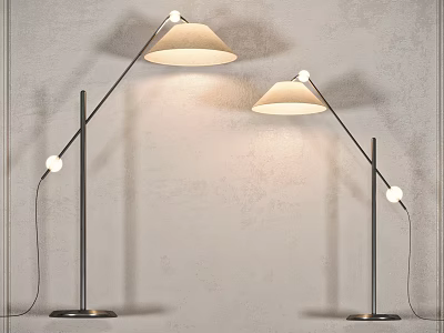 Two Modern Floor Lamps With Curved Metal Stands And Light Colored Shades For Home Decor 3d model