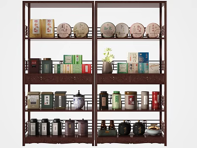 Brown Wooden Display Shelves for Tea Products with Cakes Tins Boxes and Small Plant 3d model