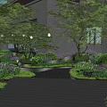 Lush Garden With Stone Pathway Various Green Plants And Trees