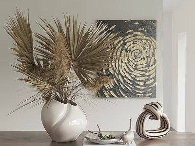 Decorative Ornament Set with White Vase Brown Palm Leaves Gold Spiral Artwork and Woven Ornament 3d model