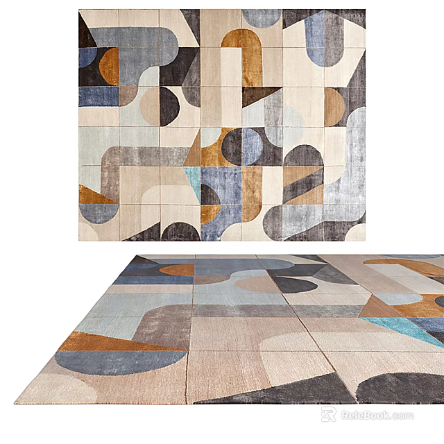 Modern Square Rug Featuring Abstract Geometric Patterns In Blue Brown Gray Tones 3d model