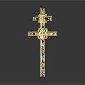 Exquisite Sculpture Carving of Golden Cross Adorned With Colored Gemstones