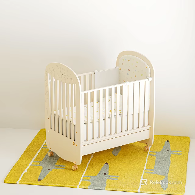 White Wooden Baby Crib With Carved Headboard And Wheels On Yellow Rug With Gray Patterns 3d model 