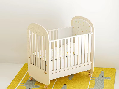 White Wooden Baby Crib With Carved Headboard And Wheels On Yellow Rug With Gray Patterns 3d model