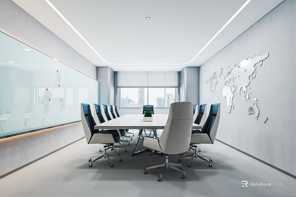 Modern Conference Room Interior With Large Table Comfortable Chairs Whiteboard And World Map Decoration 3d model 