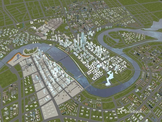 Aerial View Urban Planning Showcasing City Layout With River Skyscrapers And Residential Areas 3d model 