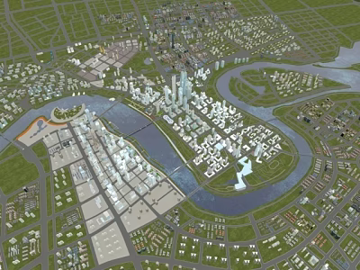 Aerial View Urban Planning Showcasing City Layout With River Skyscrapers And Residential Areas 3d model