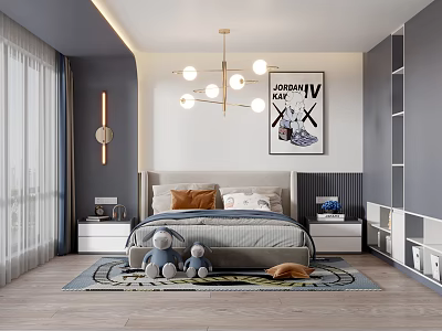 Modern Kids Room Interior With Bed Chandelier Rug Stuffed Toys Decorative Painting And Storage Cabinets 3d model