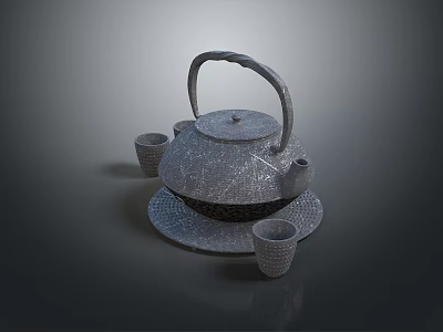 Textured Gray Teapot Set With Matching Cups And Serving Tray 3d model