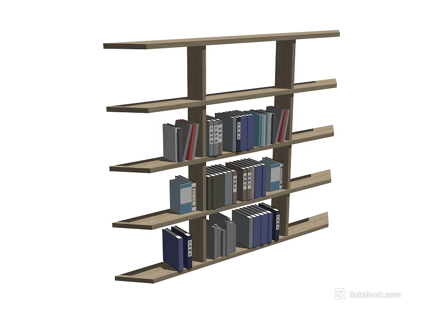 Wooden Open Bookshelf with Multiple Shelves and Various Colored Books Arranged in Modern Minimalist Design 3d model 