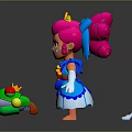 Cartoon Style 3D Model Woman With Pink Hair Blue Accessories And Green Mount