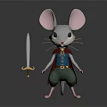 3D Game Movie Mouse Character With Large Ears Holding Sword And Blue Vest Green Pants