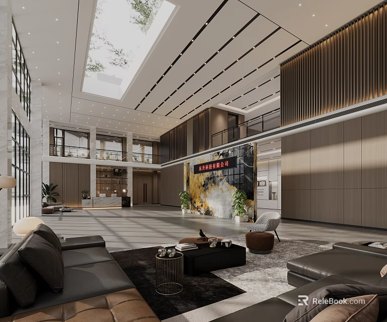 Front Desk Reception Area In Modern Spacious Lobby With Sofas Plants And High Ceiling 3d model