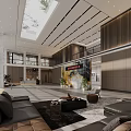 Front Desk Reception Area In Modern Spacious Lobby With Sofas Plants And High Ceiling 3d model