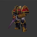 Detailed Fantasy Warrior Character in Red and Gold Ornate Armor with Intricate Design Holding Sword