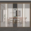 Modern Dining Room With Glass Sliding Doors Wooden Frames Dining Table And Chandelier