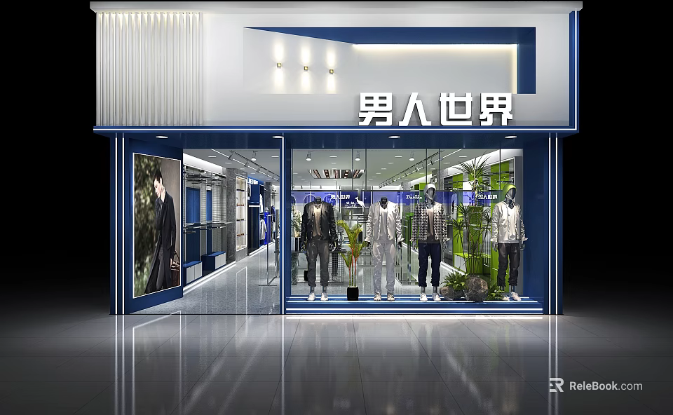 Men's Clothing Store Window And Interior Display With Mannequins And Stylish Outfits 3d model 