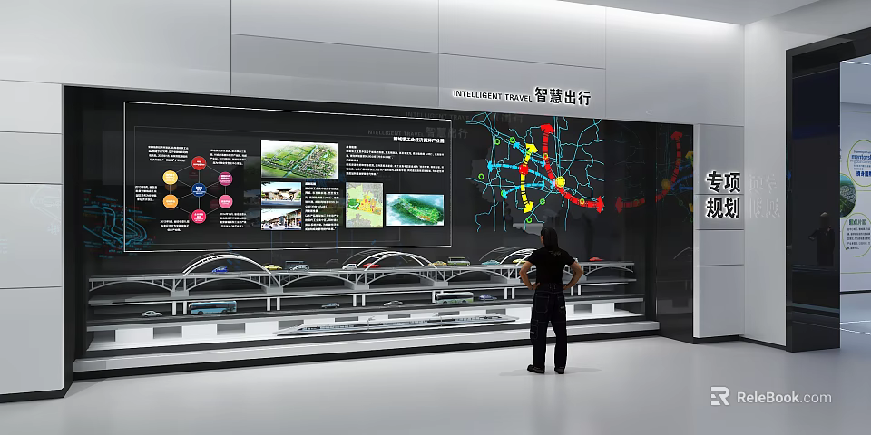 Interactive Smart Travel Exhibition Display With Large Screen Charts Maps And Bridge Models 3d model