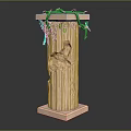 Light Colored Carved Column With Square Base And Top Green Vines Leaves
