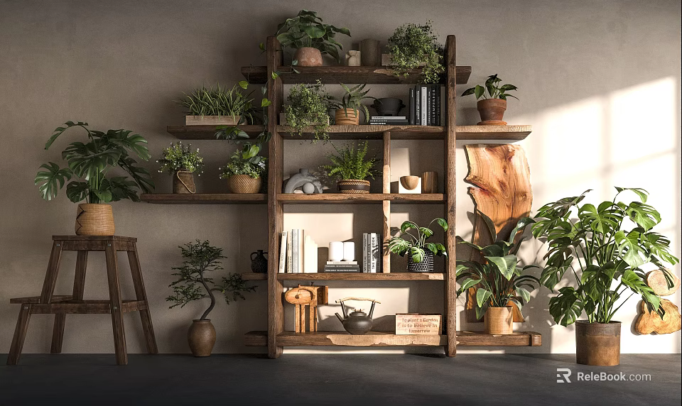 Wooden Shelving Unit with Green Plants Books and Decorative Ornaments in Natural Home Decor 3d model 