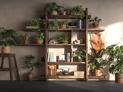 Wooden Shelving Unit with Green Plants Books and Decorative Ornaments in Natural Home Decor 3d model