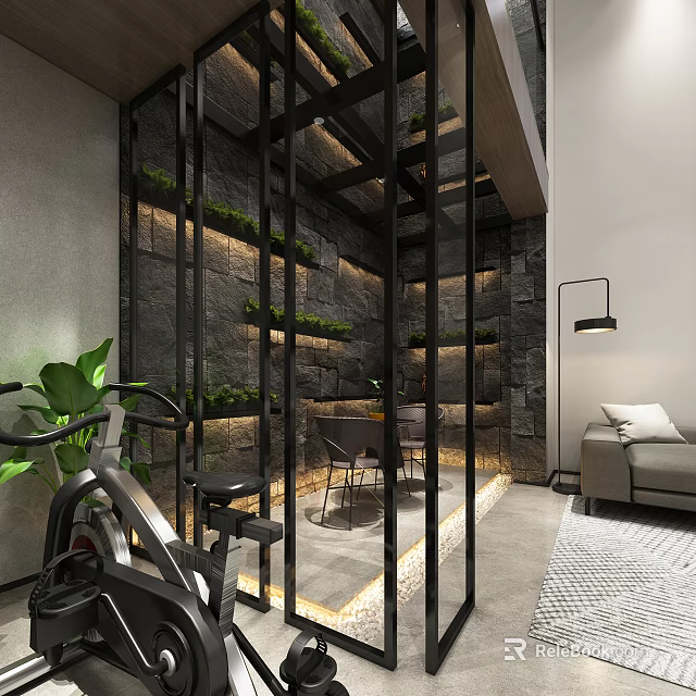 Modern Basement Interior Design With Gym Equipment Green Plant Wall And Lounge Area 3d model 