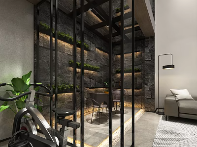 Modern Basement Interior Design With Gym Equipment Green Plant Wall And Lounge Area 3d model