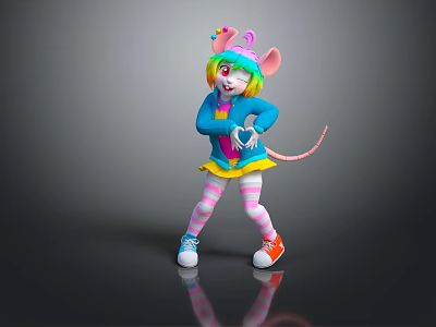 Vibrant Anthropomorphic Mouse Character With Colorful Hair Blue Top Yellow Skirt And Dancing Pose 3d model
