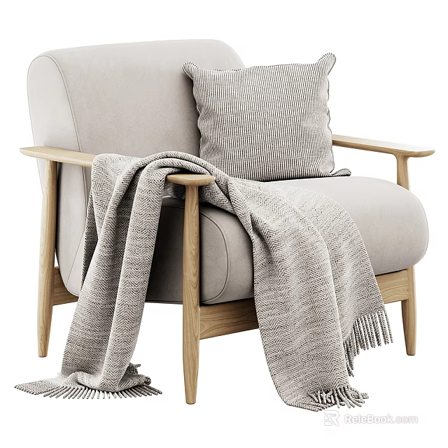 Light Gray Single Sofa With Wooden Armrests Striped Pillow And Blanket 3d model 