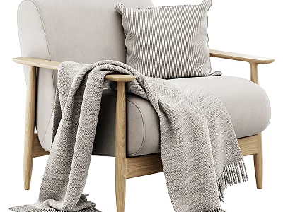 Light Gray Single Sofa With Wooden Armrests Striped Pillow And Blanket 3d model