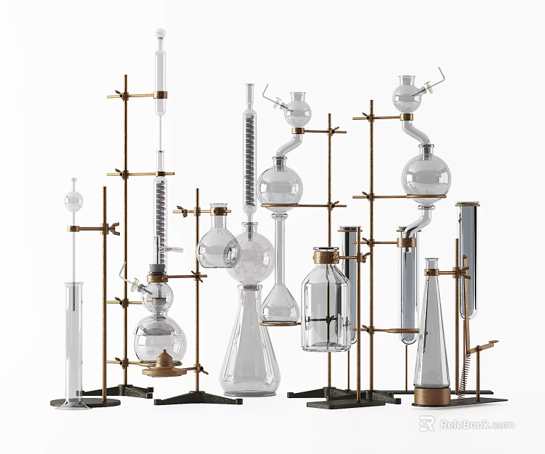 Industrial Laboratory Equipment With Glass Flasks Metal Stands And Test Tubes 3d model 