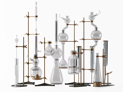 Industrial Laboratory Equipment With Glass Flasks Metal Stands And Test Tubes 3d model
