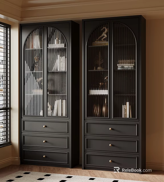 Elegant Modern Black Bookcase Interior Design With Glass Doors Books Decorations And Drawers 3d model 
