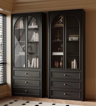 Elegant Modern Black Bookcase Interior Design With Glass Doors Books Decorations And Drawers 3d model