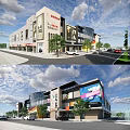 Modern Commercial Complex With Glass Facade Parking Areas And Basketball Court