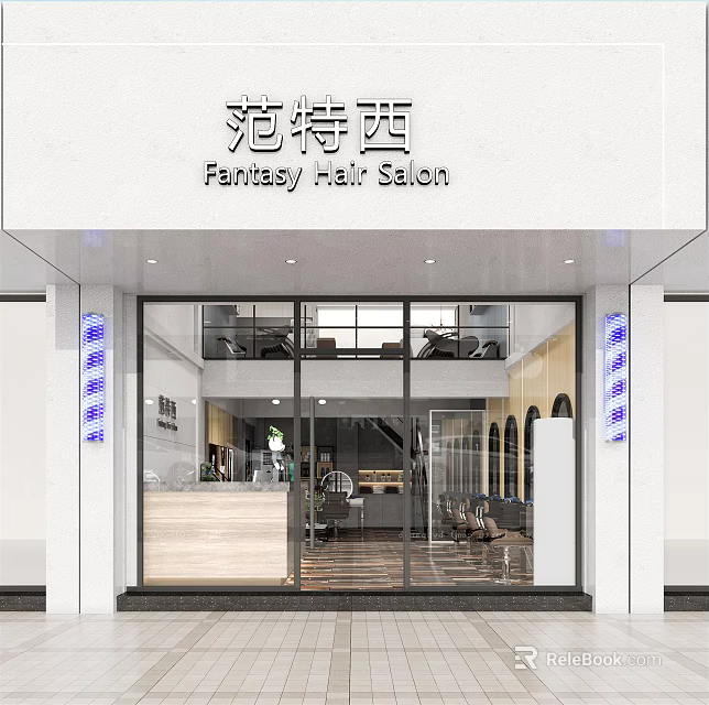 Fantasy Hair Salon Modern Exterior With Glass Entrance And Stylish Interior Design 3d model 