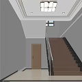 Modern Elevator Hallway With Wooden Doors White Walls Ceiling Lights Windows And Light Colored Floor