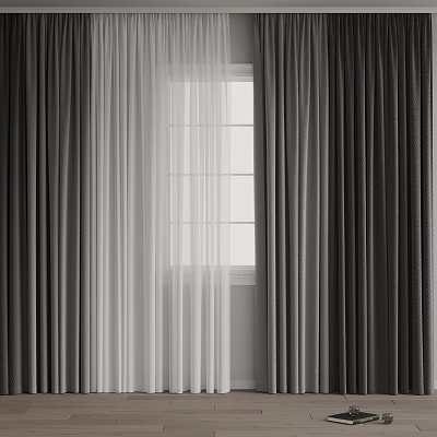 Modern Curtains With Sheer White Panels And Dark Gray Drapes For Window Interior 3d model