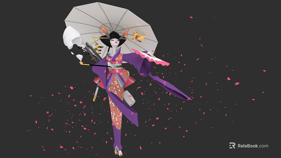 Woman In Traditional Purple Kimono Holding White Umbrella With Falling Cherry Blossoms 3d model 