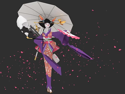 Woman In Traditional Purple Kimono Holding White Umbrella With Falling Cherry Blossoms 3d model