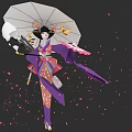 Woman In Traditional Purple Kimono Holding White Umbrella With Falling Cherry Blossoms