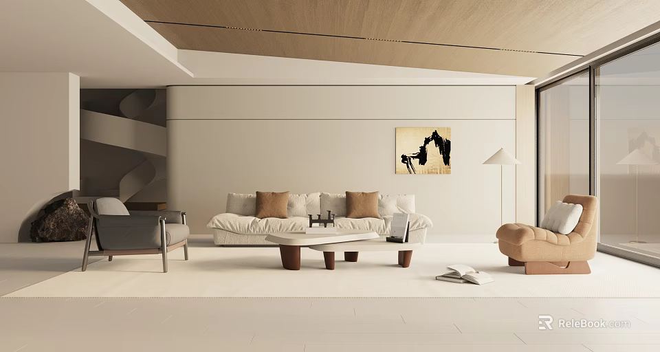 Modern Living Room Interior Design With White Sofa Throw Pillows Coffee Table And Wall Art 3d model 