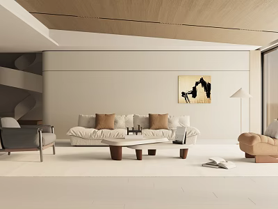 Modern Living Room Interior Design With White Sofa Throw Pillows Coffee Table And Wall Art 3d model